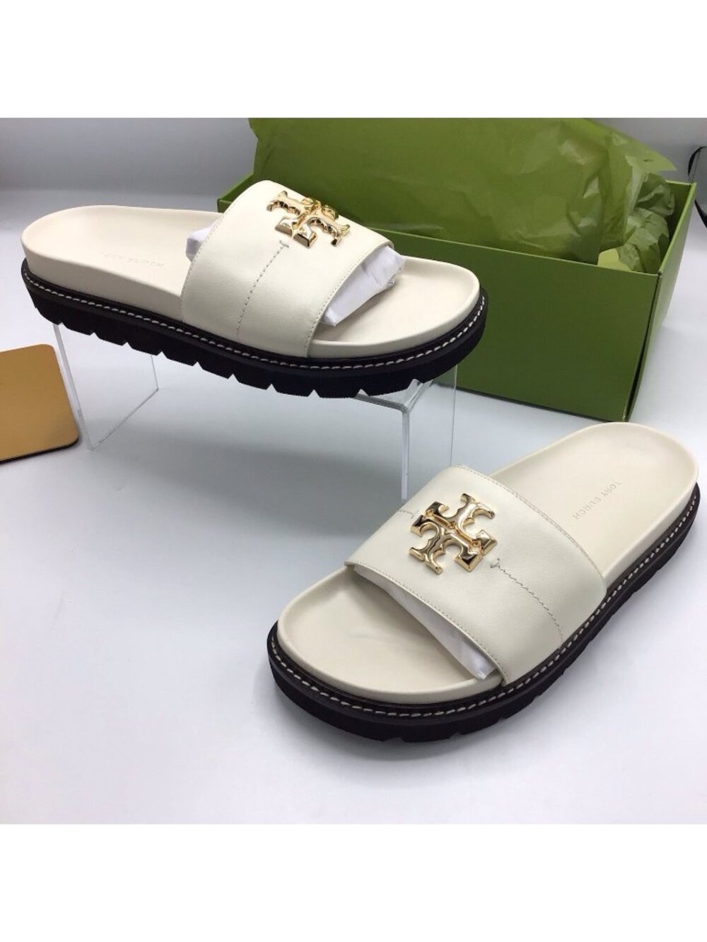 Tory Burch Everly Anatomic Lug Slide Sandals Women’s 8 Ivory Black Leather